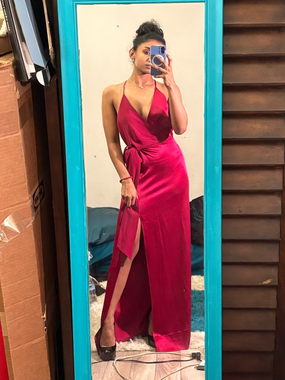 Halston Heritage Fuchsia Satin Wrap Halter Gown with Thigh Slit
